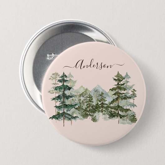 Wasserfarbener Pinienwald und Berg Rustikal Button (Vorne & Hinten)