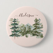 Wasserfarbener Pinienwald und Berg Rustikal Button (Vorderseite)