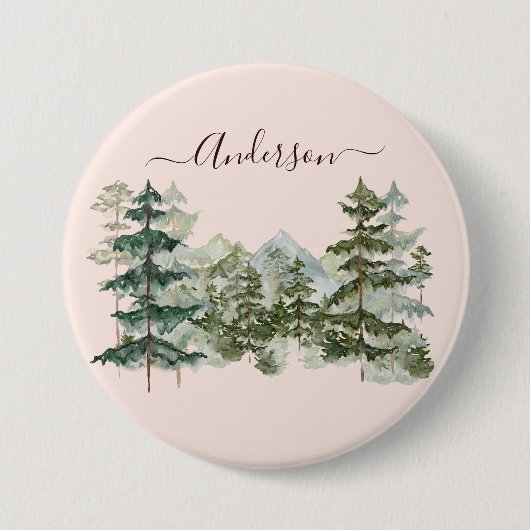 Wasserfarbener Pinienwald und Berg Rustikal Button (Vorderseite)