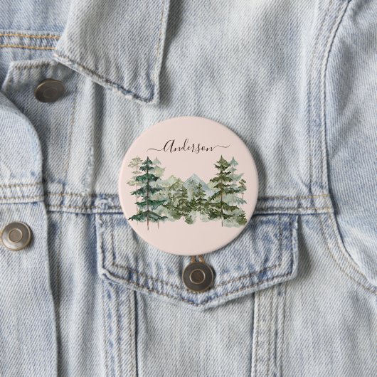 Wasserfarbener Pinienwald und Berg Rustikal Button (Beispiel)