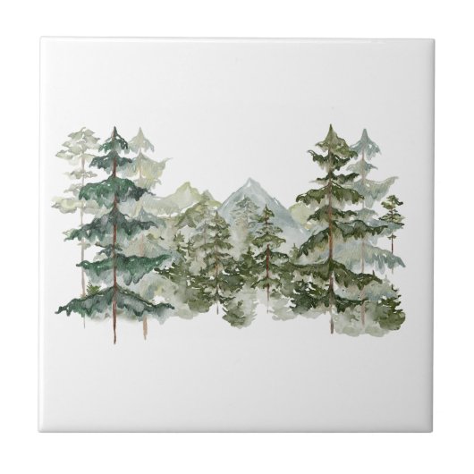 Wasserfarbener Pinienwald und Berg Rustikal Fliese (Vorderseite)