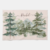 Wasserfarbener Pinienwald und Berg Rustikal Geschirrtuch (Horizontal)