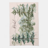 Wasserfarbener Pinienwald und Berg Rustikal Geschirrtuch (Vertikal)