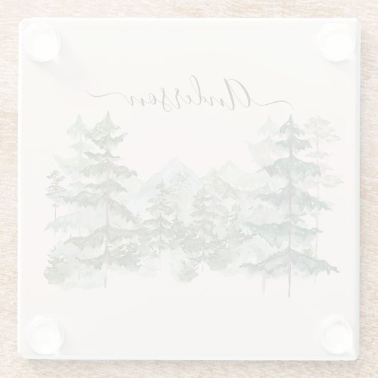 Wasserfarbener Pinienwald und Berg Rustikal Glasuntersetzer (Rückseite)