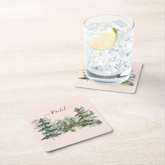 Wasserfarbener Pinienwald und Berg Rustikal Rechteckiger Pappuntersetzer (Vor Ort)