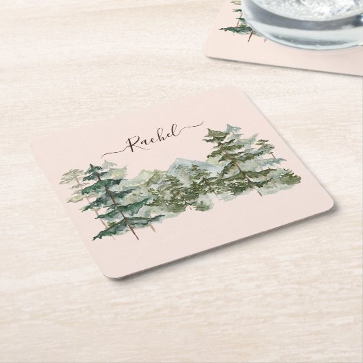 Wasserfarbener Pinienwald und Berg Rustikal Rechteckiger Pappuntersetzer (angewinkelt)