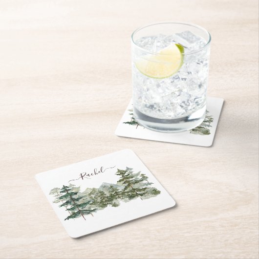 Wasserfarbener Pinienwald und Berg Rustikal Rechteckiger Pappuntersetzer (Vor Ort)