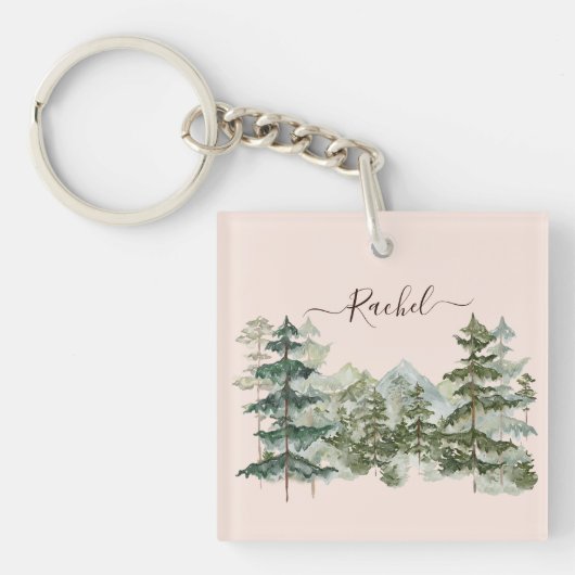 Wasserfarbener Pinienwald und Berg Rustikal Schlüsselanhänger (Vorderseite)