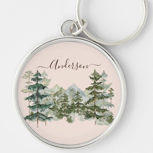 Wasserfarbener Pinienwald und Berg Rustikal Schlüsselanhänger (Vorne)