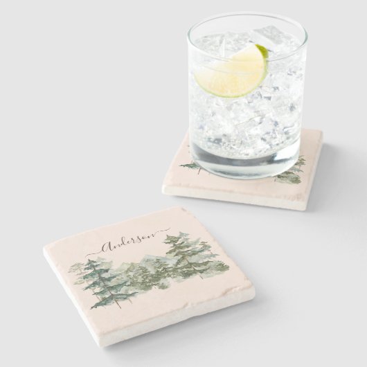 Wasserfarbener Pinienwald und Berg Rustikal Steinuntersetzer (Seitenansicht)