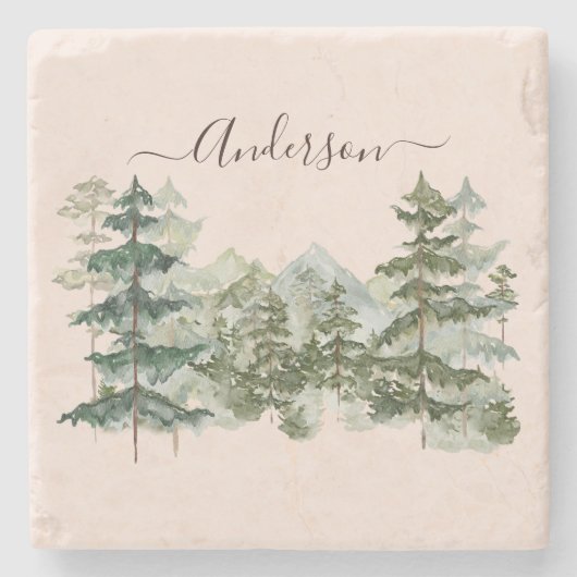 Wasserfarbener Pinienwald und Berg Rustikal Steinuntersetzer (Vorderseite)