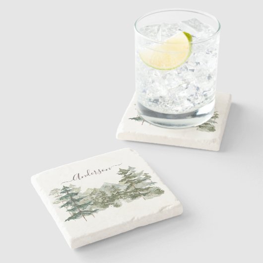 Wasserfarbener Pinienwald und Berg Rustikal Steinuntersetzer (Seitenansicht)