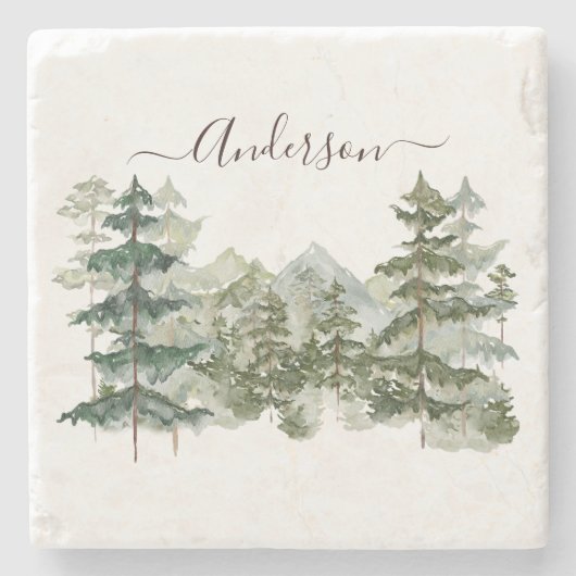 Wasserfarbener Pinienwald und Berg Rustikal Steinuntersetzer (Vorderseite)