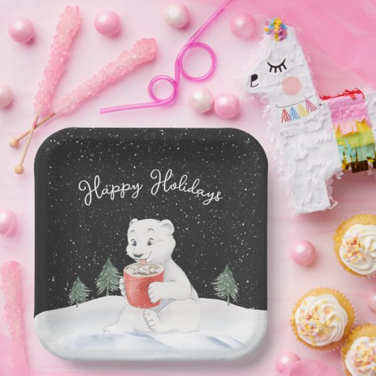 Wasserfarbener Polar-Bär mit heißem Kakao Pappteller (Party)