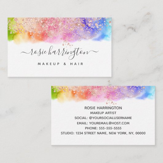 Wasserfarbener Regenbogen Rose Gold Glitzer Giro Visitenkarte (Vorne/Hinten)