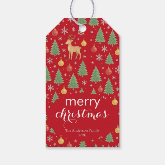 Wasserfarbener Rentier und Christbaum - Geschenkanhänger (Vorderseite)