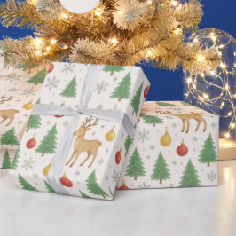 Wasserfarbener Rentier und Christbaum - Geschenkpapier
