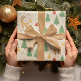 Wasserfarbener Rentier und Christbaum - Geschenkpapier