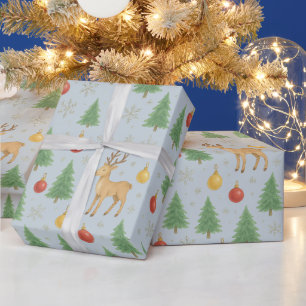 Wasserfarbener Rentier und Christbaum - Geschenkpapier