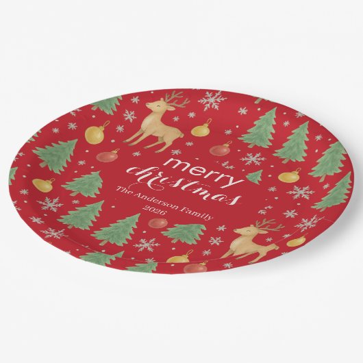 Wasserfarbener Rentier und Christbaum - Pappteller (Schrägansicht)