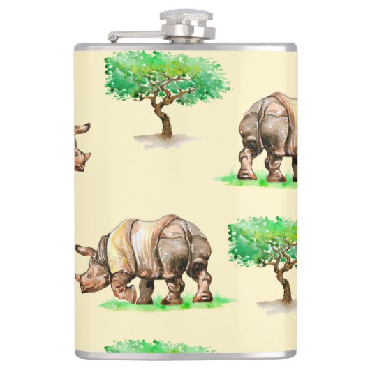Wasserfarbener Rhino: Handgemalt Muster. Flachmann (Vorderseite)
