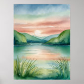 Wasserfarbener See Landschaft mit Bergen & Sonnenu Poster (Vorne)