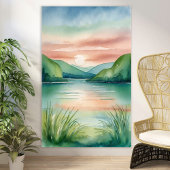 Wasserfarbener See Landschaft mit Bergen & Sonnenu Poster