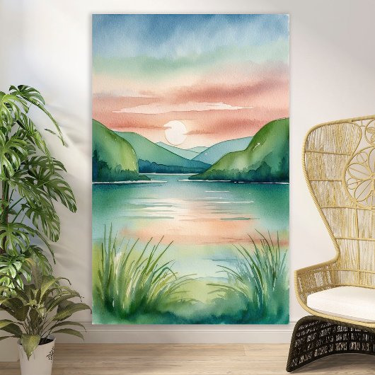 Wasserfarbener See Landschaft mit Bergen & Sonnenu Poster