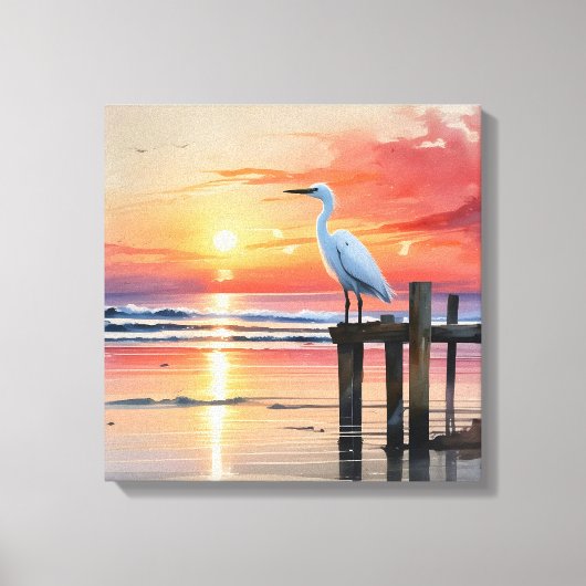 Wasserfarbener Sonnenaufgang mit Egret Leinwanddruck (Vorderseite)