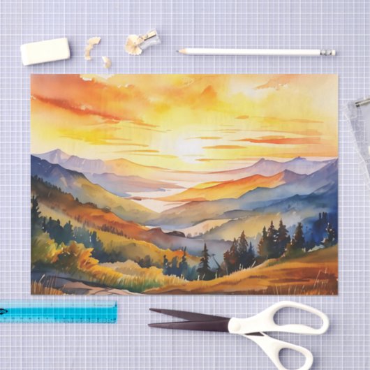 Wasserfarbener Sonnenaufgang über Gebirgskette Seidenpapier (Handwerk)