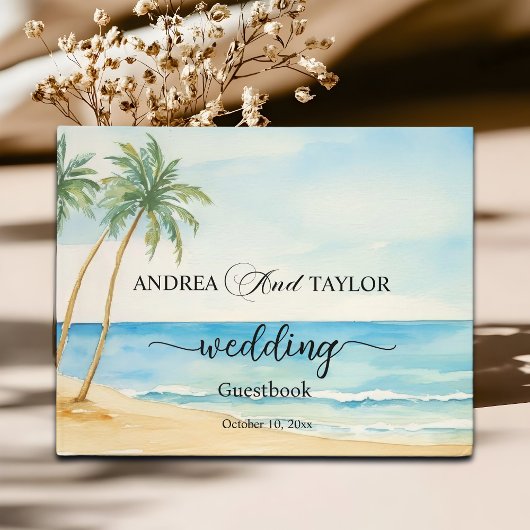 Wasserfarbener Strand und Palmen Bäume Elegante Ho Gästebuch