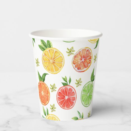 Wasserfarbener tropischer Zitrusfrüchte Pappbecher (Rückseite)