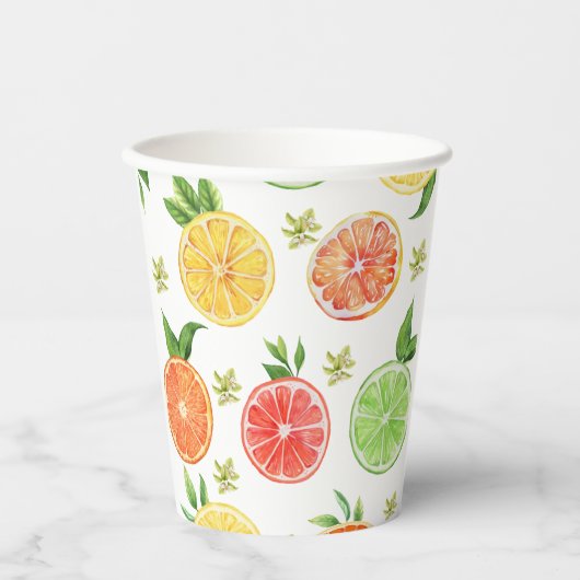 Wasserfarbener tropischer Zitrusfrüchte Pappbecher (Vorderseite)