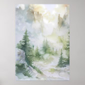 Wasserfarbener Wald im Nebelgebirge Poster (Vorne)