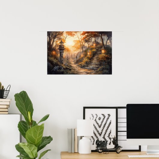 Wasserfarbener Waldweg mit Laternen im Herbst Poster (Heimbüro)