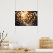 Wasserfarbener Waldweg mit Laternen im Herbst Poster (Küche)