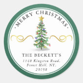 Wasserfarbener Weihnachtsbaum Custom Rücksendeadre Runder Aufkleber (Vorderseite)
