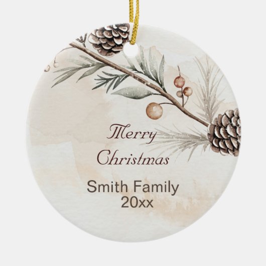 Wasserfarbener Weihnachtsbaum in neutraler Farbe Keramik Ornament (Vorne)