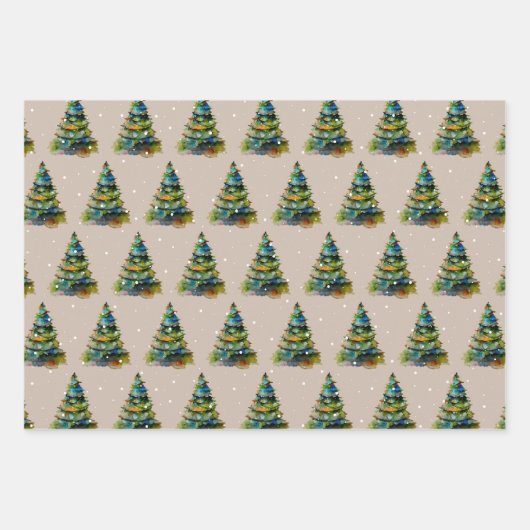 Wasserfarbener Weihnachtsbaum Schneeflocke Zeichne Geschenkpapier Set (Vorderseite 3)