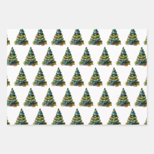 Wasserfarbener Weihnachtsbaum Schneeflocke Zeichne Geschenkpapier Set (Vorderseite)