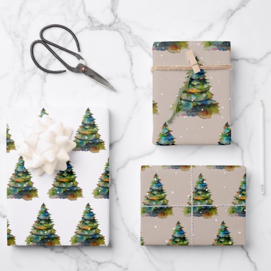 Wasserfarbener Weihnachtsbaum Schneeflocke Zeichne Geschenkpapier Set (Vorderseite)
