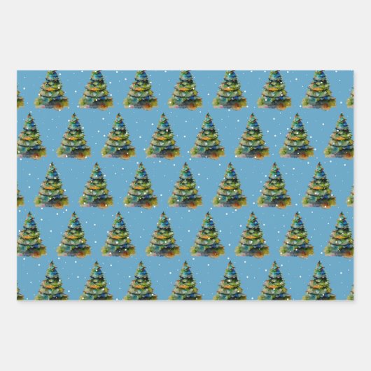 Wasserfarbener Weihnachtsbaum Schneeflocke Zeichne Geschenkpapier Set (Vorderseite)