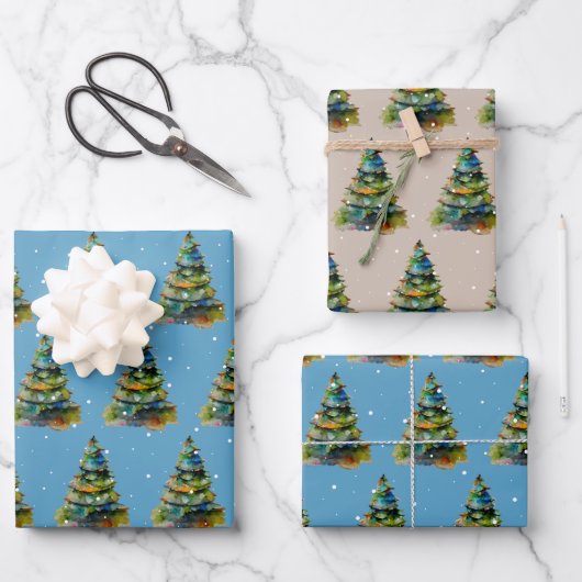 Wasserfarbener Weihnachtsbaum Schneeflocke Zeichne Geschenkpapier Set (Vorderseite)