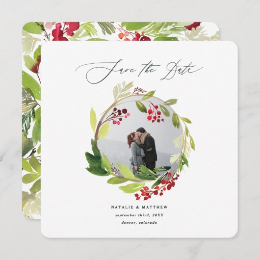 Wasserfarbener Winterkranz Save the Date Dankeskarte (Vorne/Hinten)