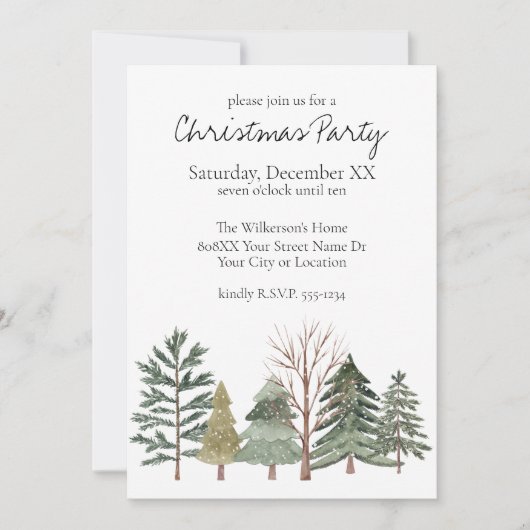 Wasserfarbener Winterwald Einfache Bäume Einladung (Vorderseite)