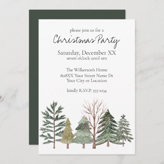 Wasserfarbener Winterwald Einfache Bäume Einladung (Vorne/Hinten)