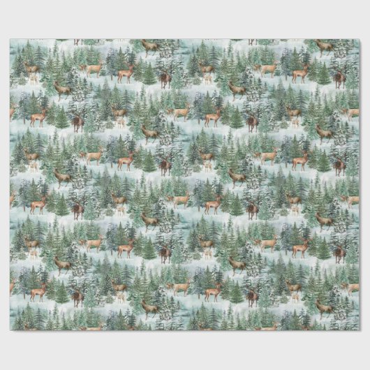 Wasserfarbener Winterwald Hirschfest Geschenkpapier (Flach)