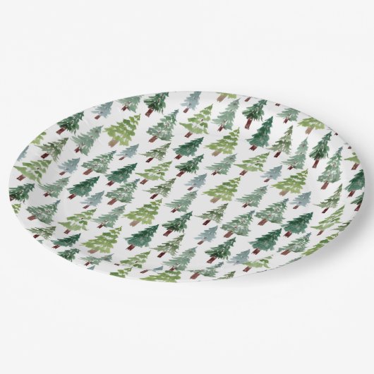  Wasserfarbener Winterwald mit rustikalem Pinienwa Pappteller (Schrägansicht)