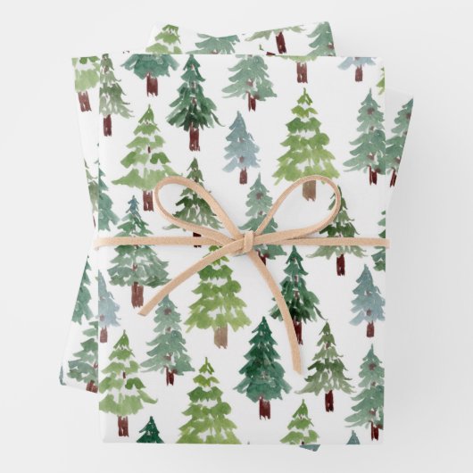 Wasserfarbener Winterwald mit rustikalem Pinienwal Geschenkpapier Set (Beispiel)