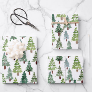 Wasserfarbener Winterwald mit rustikalem Pinienwal Geschenkpapier Set